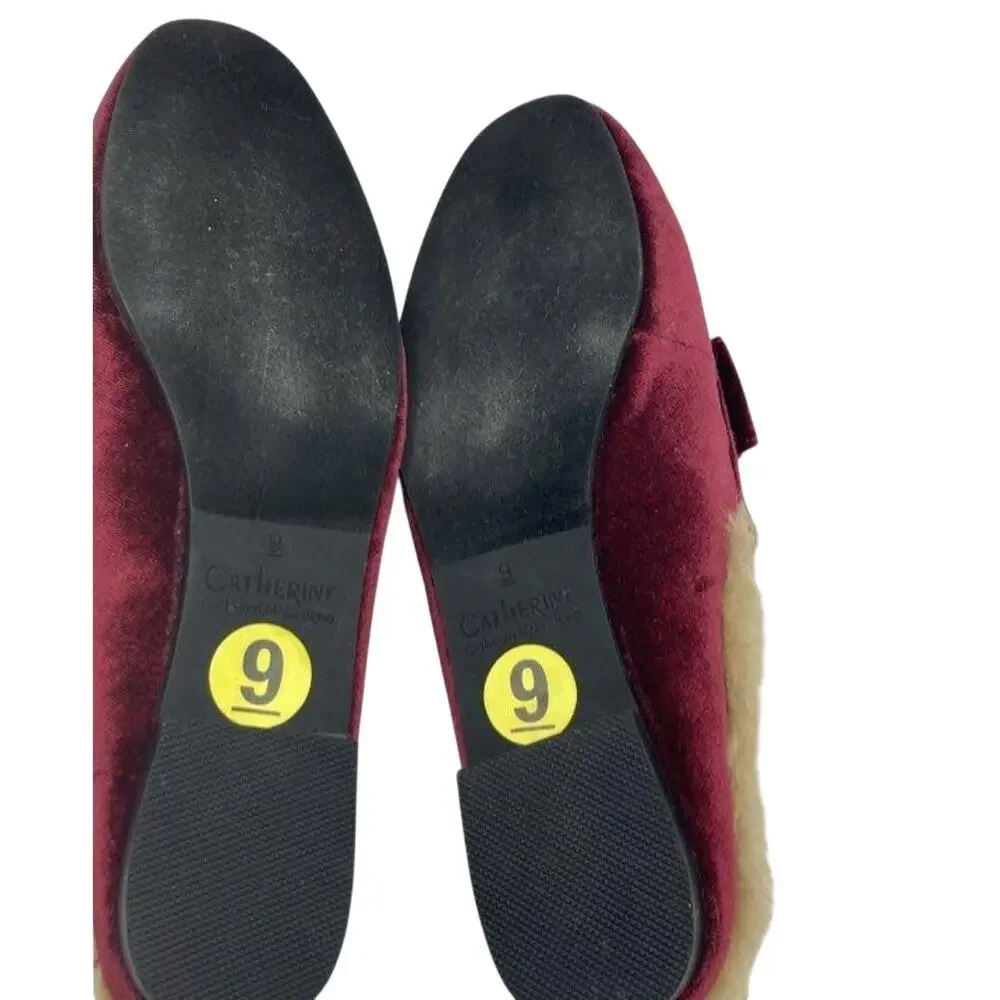 Catherine Malandrino Velvet Faux Fur Bow Mules Wine Sz 9
